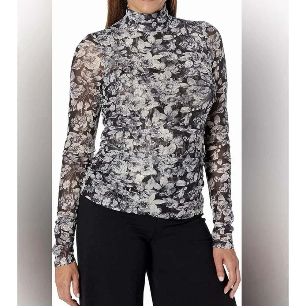 NWT Cinq a' Sept Photo Real Shirred Mesh Turtleneck in Slate Blouse Top Large - Picture 15 of 15